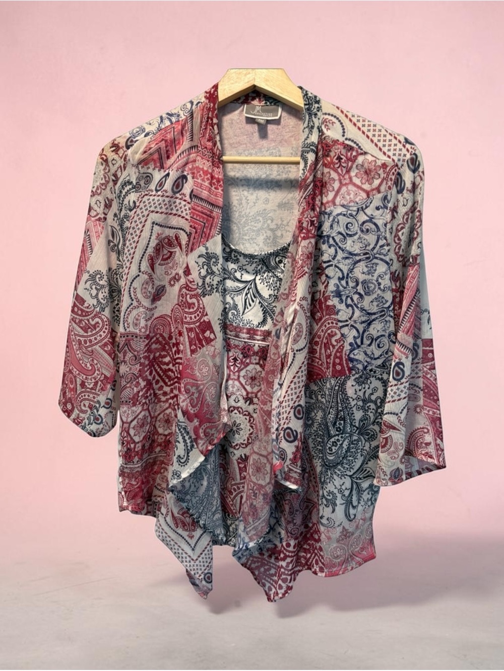 Women’s Mixed Paisley Open-Front Tunic - Red, Navy & White
Petite: M
